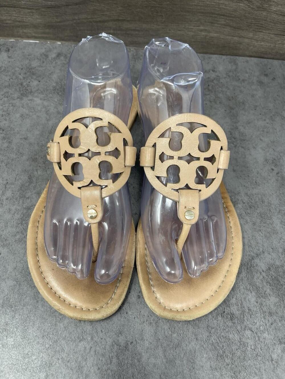 Tory Burch Miller Sandals Womens Size 10 Brown Leather Logo Thong Flip Flop - Picture 3 of 9